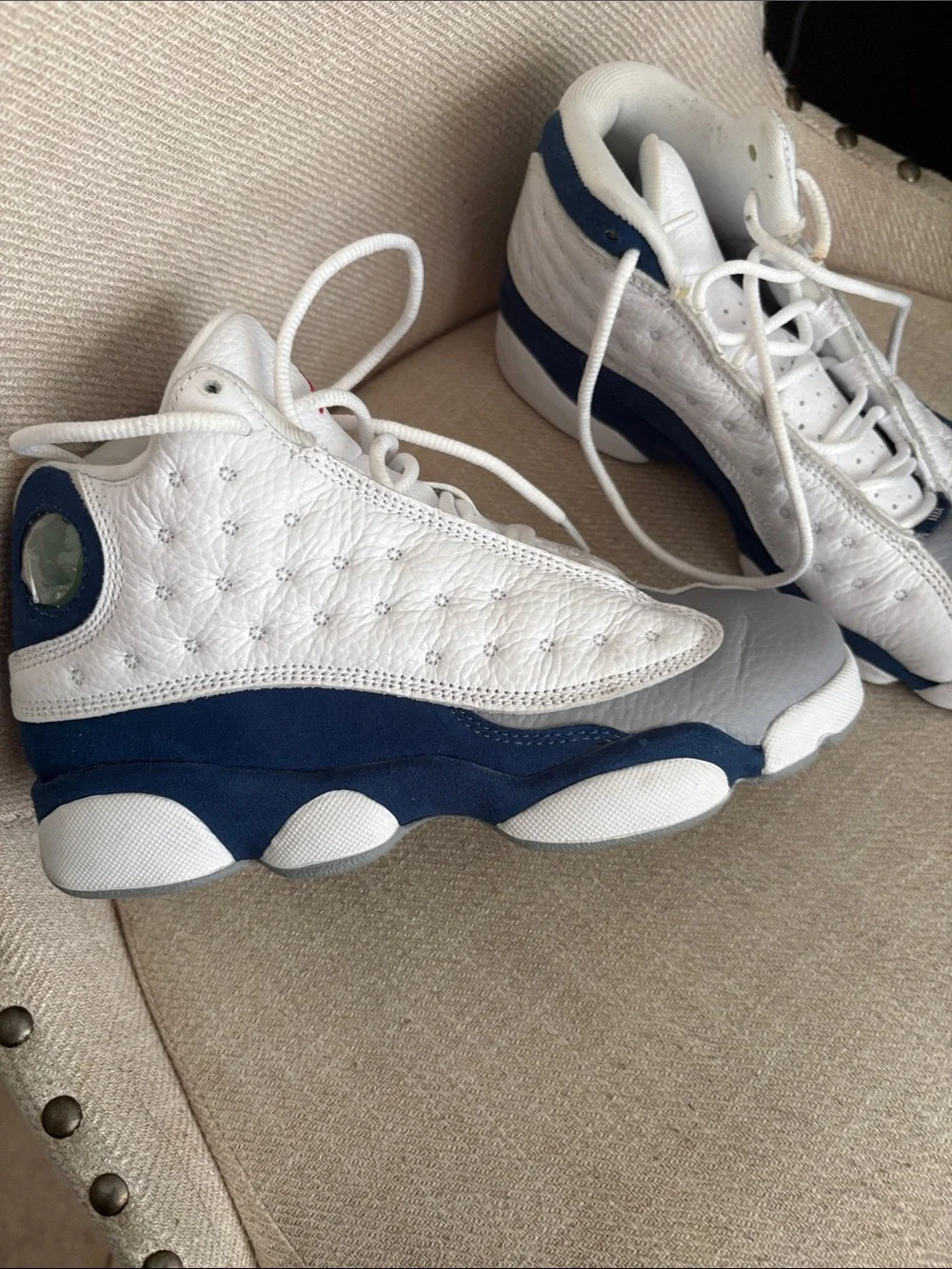Jordan Retro Sneakers in White, Gray & Navy with Red Jumpman Big Kids